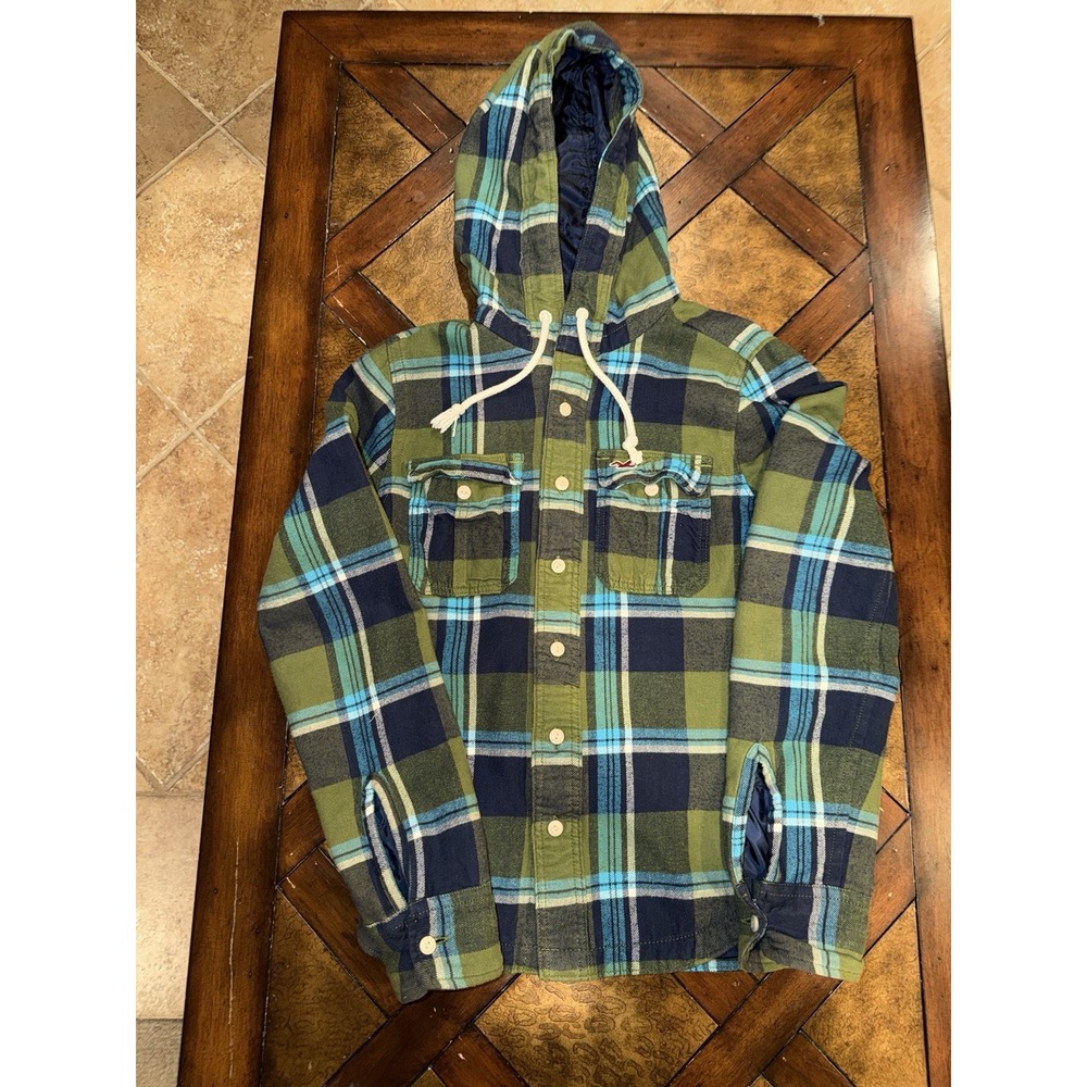 VTG Hollister Mens Green Hooded Quilted Flannel Button Down Shirt - Size Small